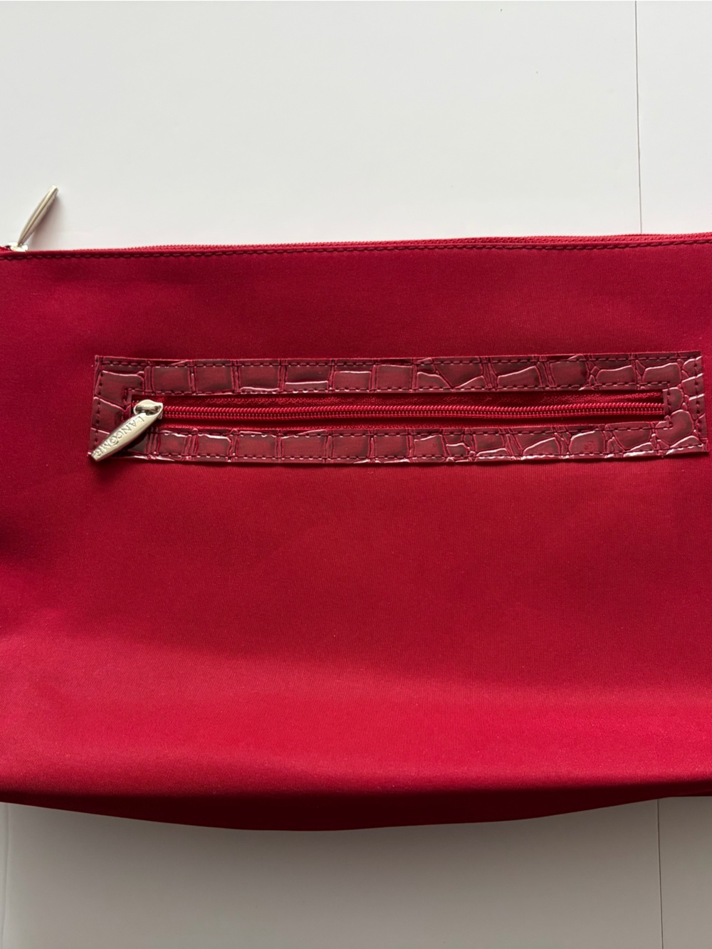 Elegant Red Satin Clutch with Croc-Trim Zip Detail